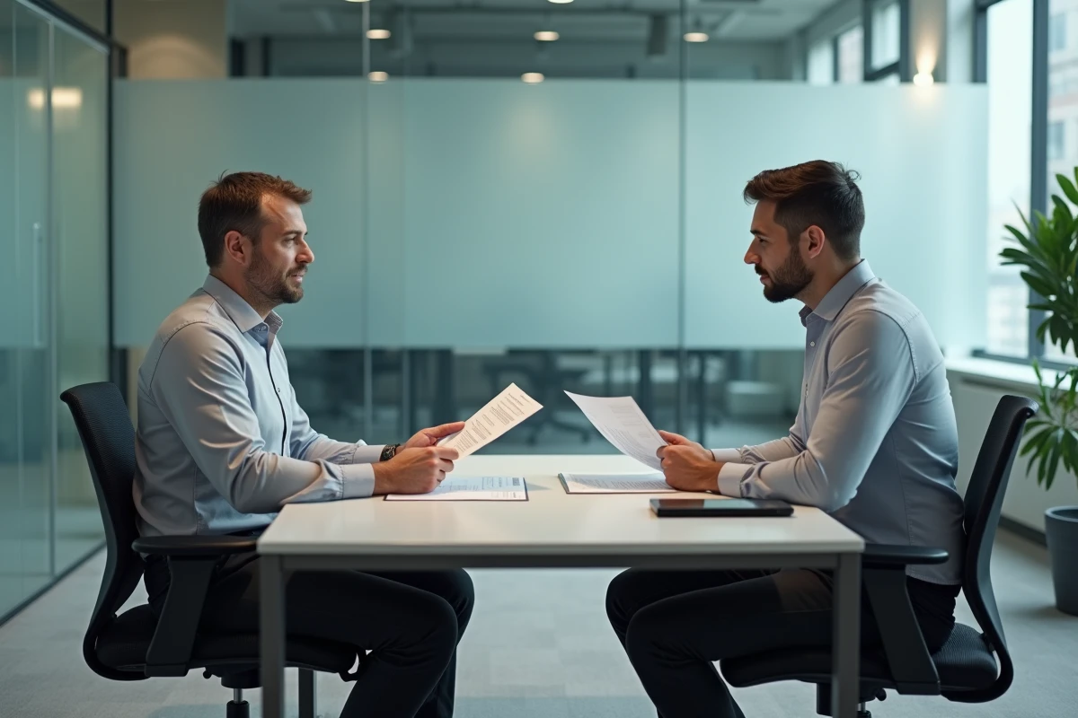 Client et conseiller en assurance examinant ensemble un contrat Qlara dans un bureau professionnel