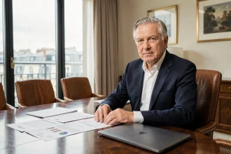 Conseiller financier senior assis à une table de réunion en acajou avec des documents financiers, évoquant les hauts salaires des grands dirigeants du CAC 40