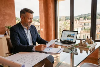 Conseiller en investissement locatif en Occitanie analysant des documents immobiliers dans un bureau moderne avec vue sur une ville du sud de la France