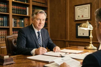 Notaire expérimenté en rendez-vous d'urgence dans son bureau juridique, entouré de documents légaux et de livres de droit
