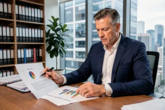 Conseiller en gestion de patrimoine analysant des documents d'investissement SCPI dans un bureau professionnel