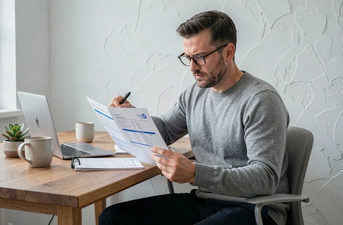 Un consultant indépendant analyse les conditions de son assurance responsabilité civile professionnelle depuis son bureau à domicile