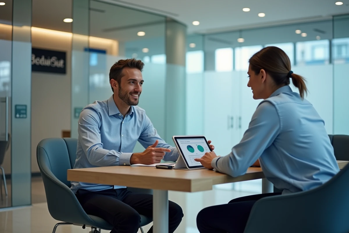 Entrepreneur discutant des avantages d'un compte bancaire professionnel avec un conseiller dans une agence moderne