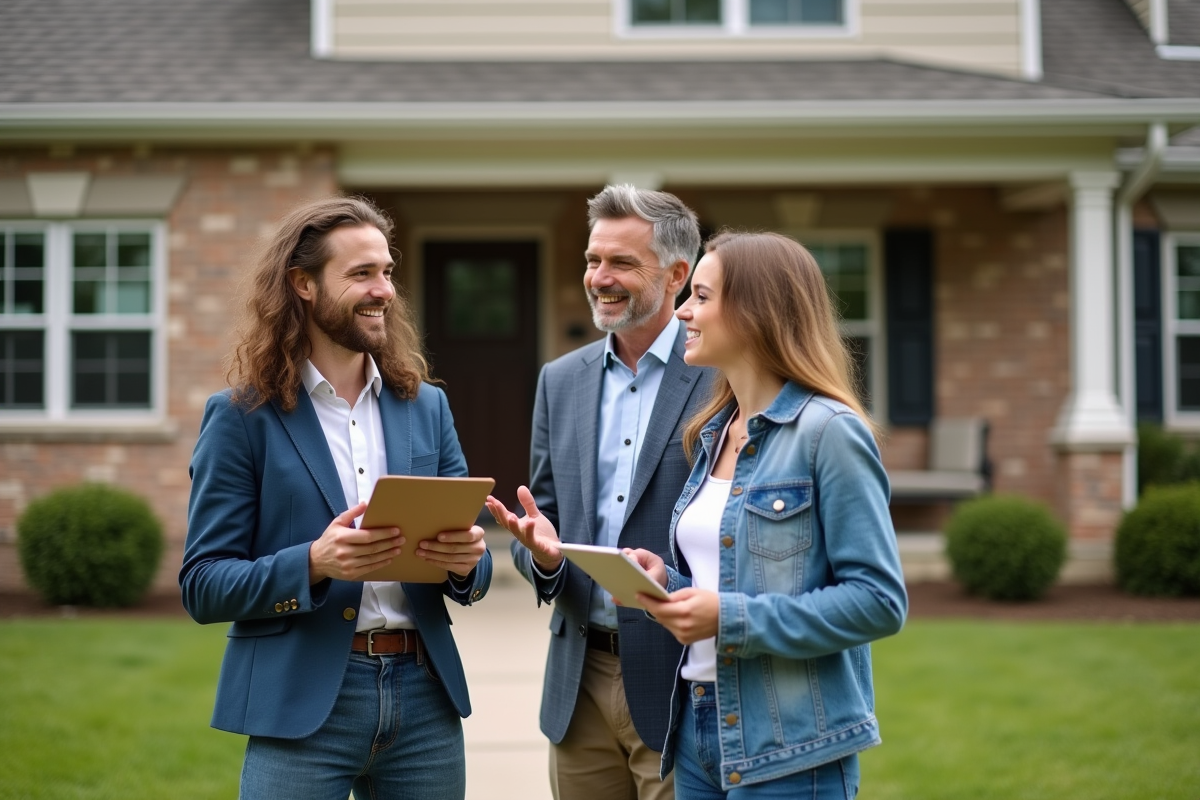 Jeune couple discute avec conseiller immobilier devant une maison