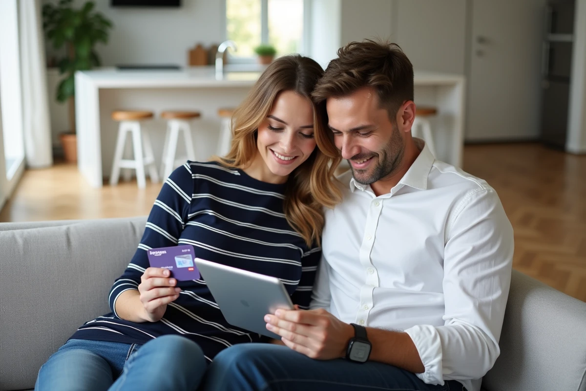 Couple confirmant un achat Amazon payé avec une carte cadeau Kadeos Infini sur une tablette dans leur salon moderne