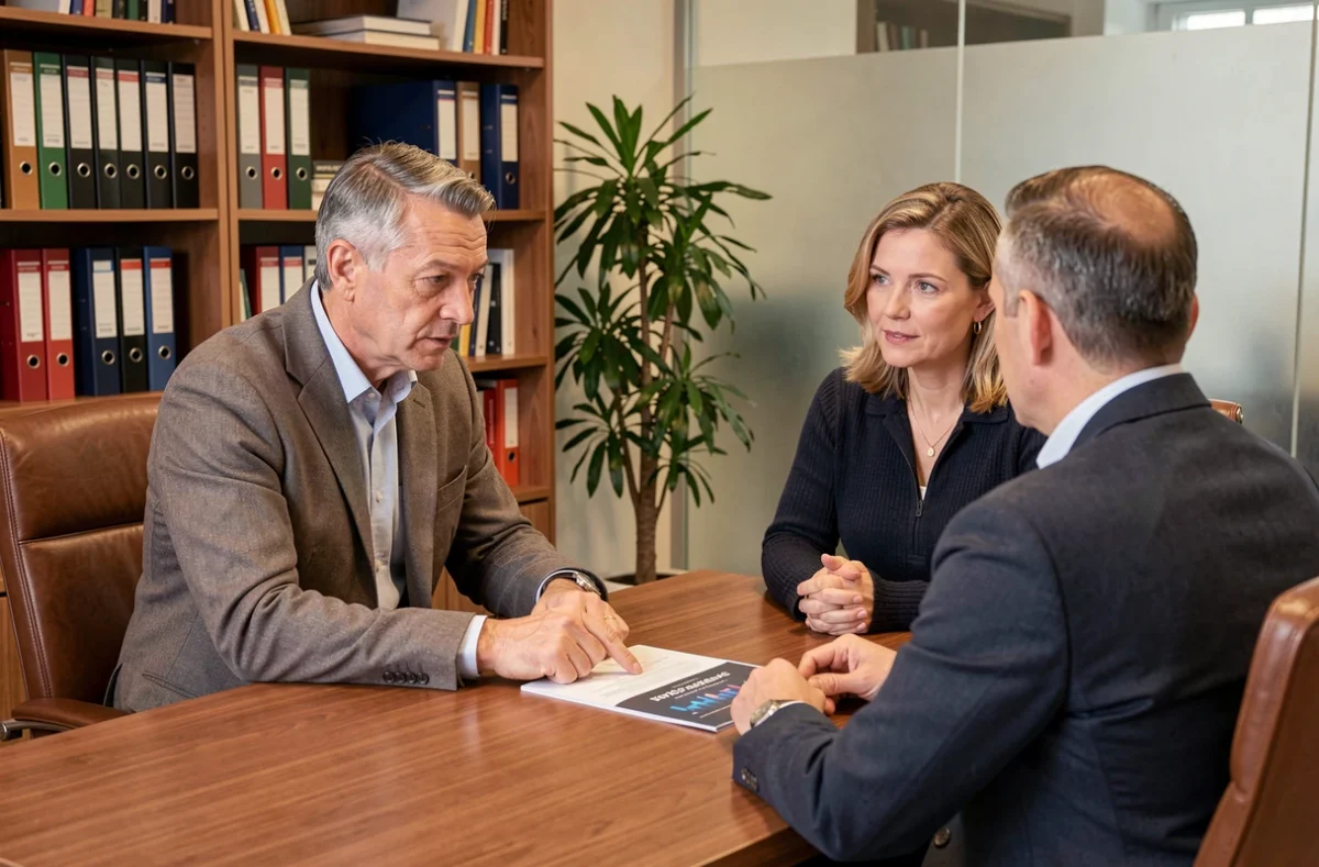 Couple en réunion avec un conseiller financier pour discuter d'un investissement en SCPI Corum
