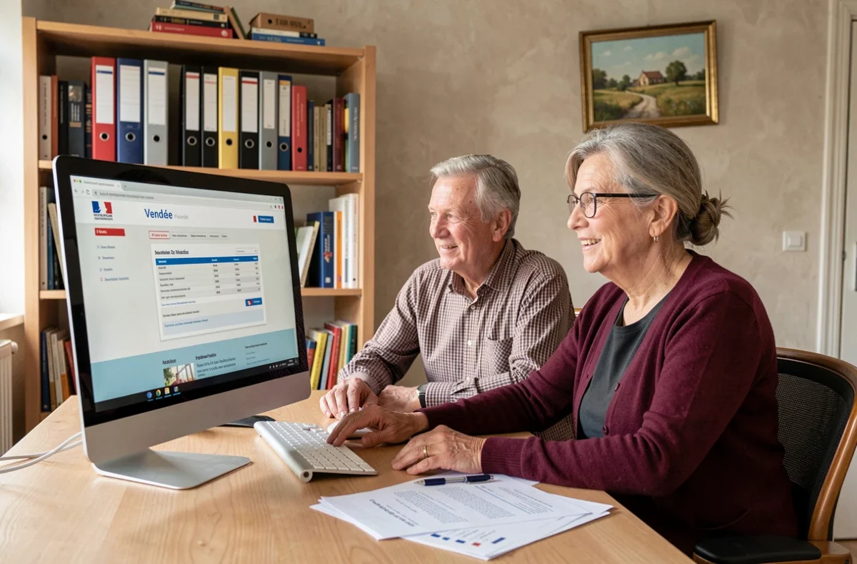 Couple de retraités consultant en ligne les informations sur la taxe foncière en Nord-Vendée