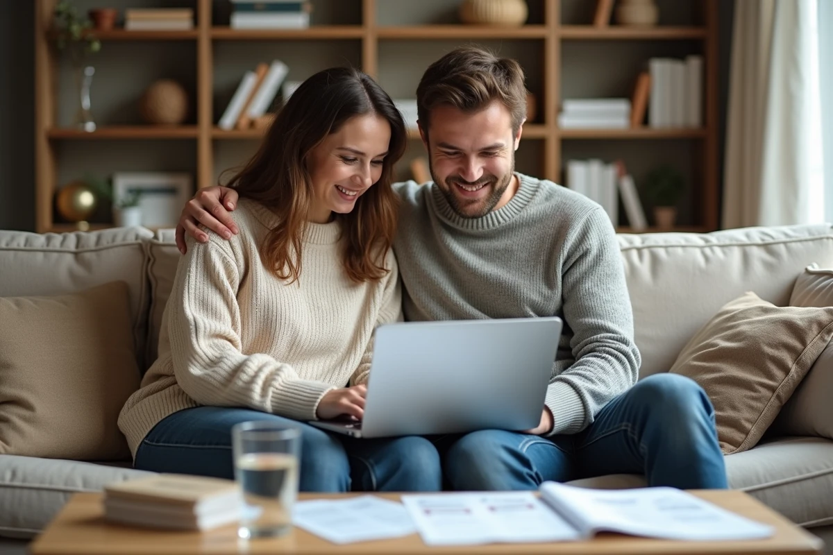 Couple étudiant les options d'un mini prêt LCL sur ordinateur portable dans leur salon