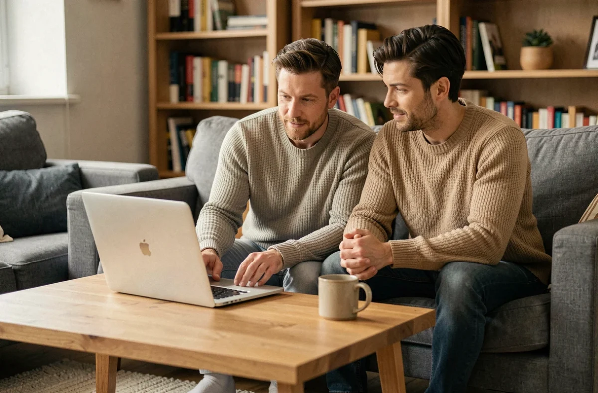 Couple gérant ensemble leur compte en ligne pour paramétrer le virement instantané sur le service La Banque Postale
