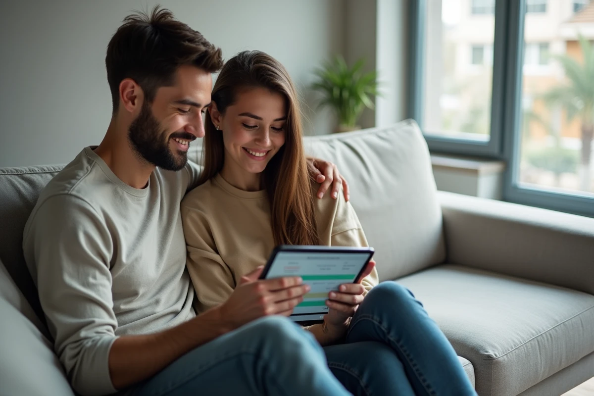 Couple consultant les paramètres de notifications de leur compte Crédit Agricole sur tablette dans un salon moderne