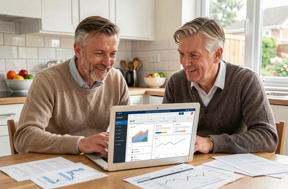 Couple de particuliers planifiant un investissement SCPI sur leur ordinateur portable à domicile