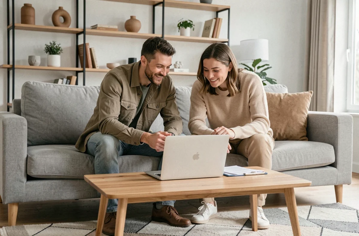 Couple d'investisseurs débutants consultant ensemble un site de conseils boursiers en ligne depuis leur salon