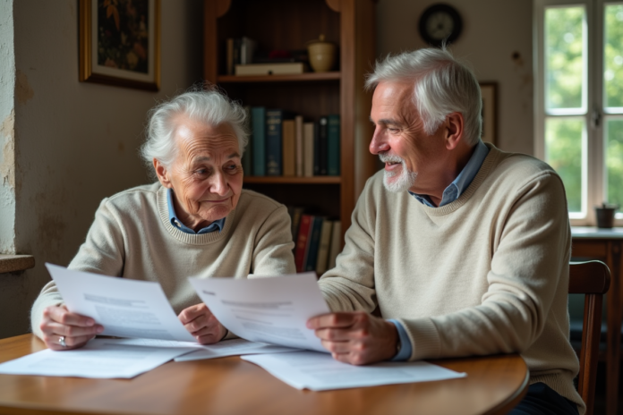 couple-retraite-parisien-documents Couple retraité à Paris examinant des documents dans un appartement