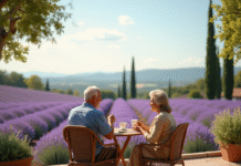 Couple retraité profitant du café sur une terrasse en Provence