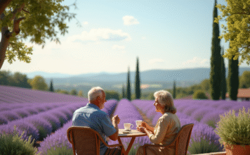 Meilleur lieu pour prendre sa retraite en 2025 : Top destinations idéales en France et à l’étranger Couple retraité profitant du café sur une terrasse en Provence