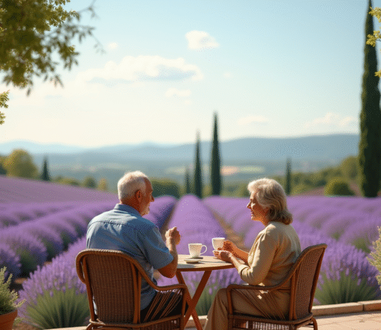 Couple retraité profitant du café sur une terrasse en Provence