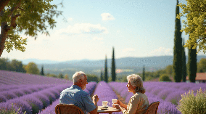 Couple retraité profitant du café sur une terrasse en Provence