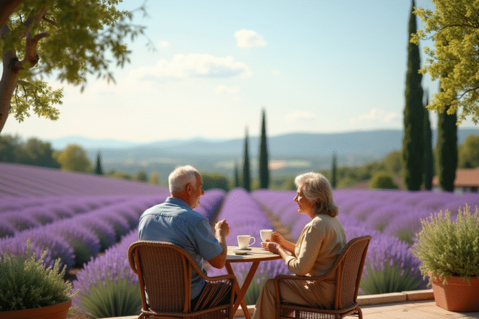 Couple retraité profitant du café sur une terrasse en Provence