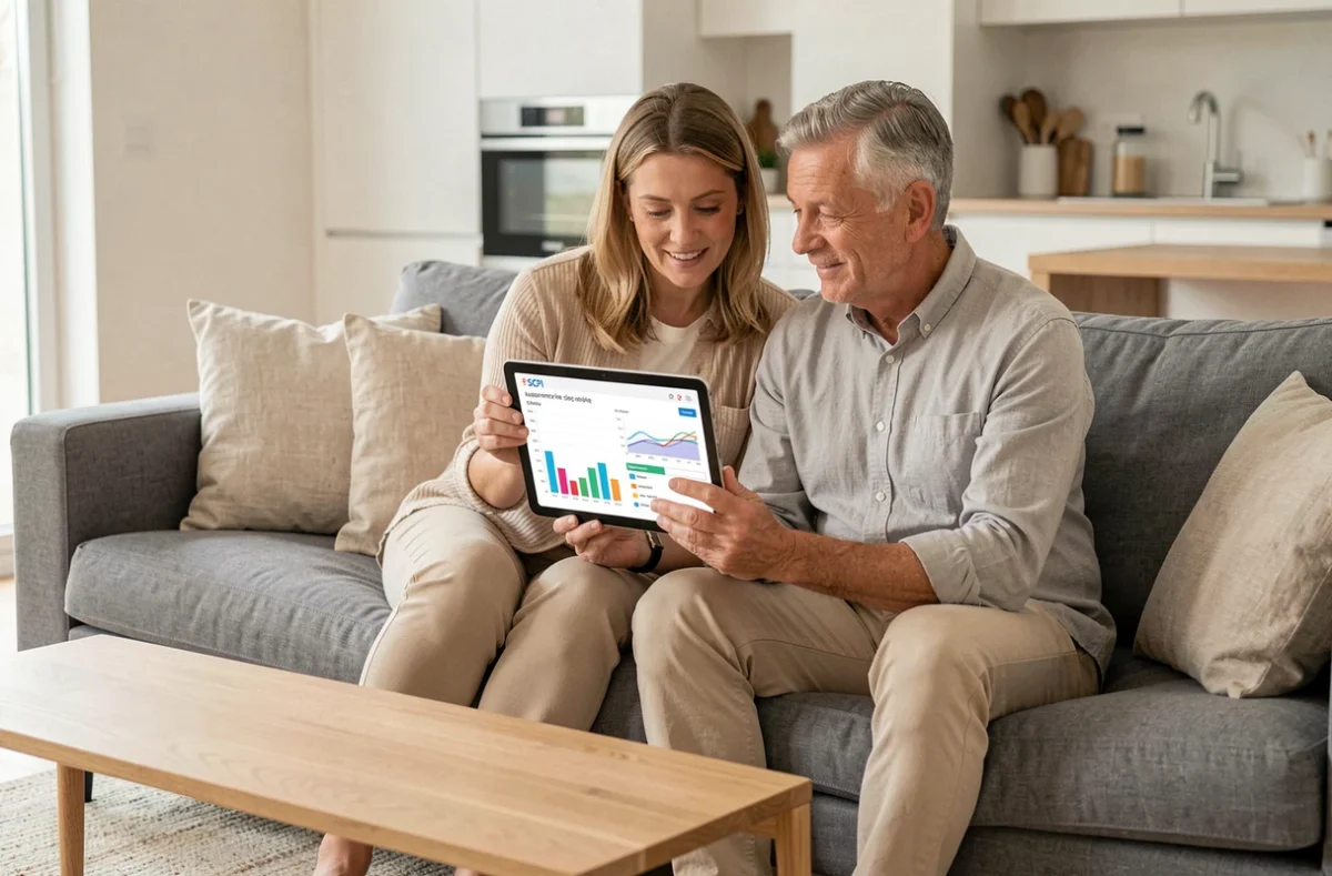 Couple consultant un simulateur SCPI assurance vie sur tablette dans leur salon