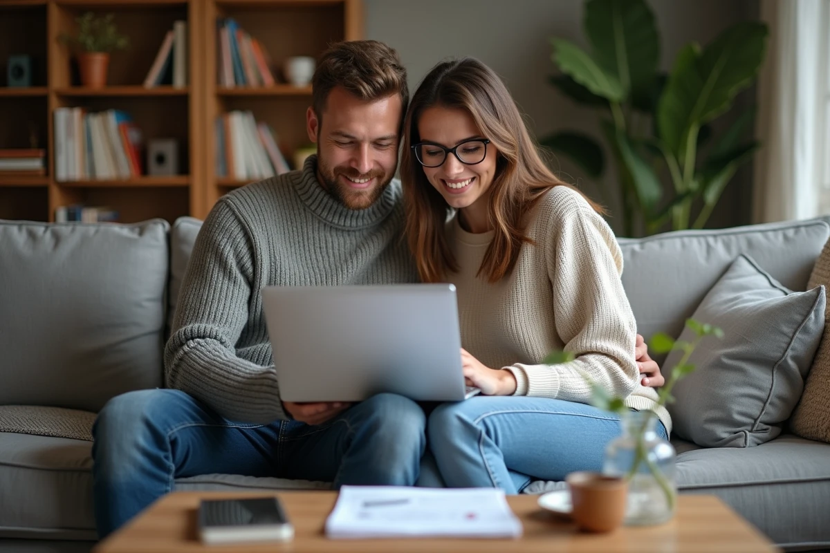 Couple consultant ensemble une souscription d'assurance Qlara sur ordinateur portable dans leur salon