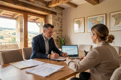 Courtier en crédit immobilier recevant un couple dans une agence en Corrèze avec vue sur les collines verdoyantes