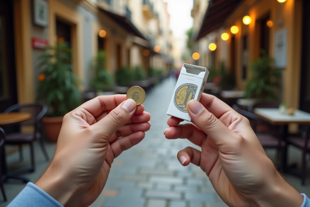 Gros plan sur des mains tenant un paquet de cigarettes et une pièce en euros symbolisant la hausse du prix du tabac en Espagne