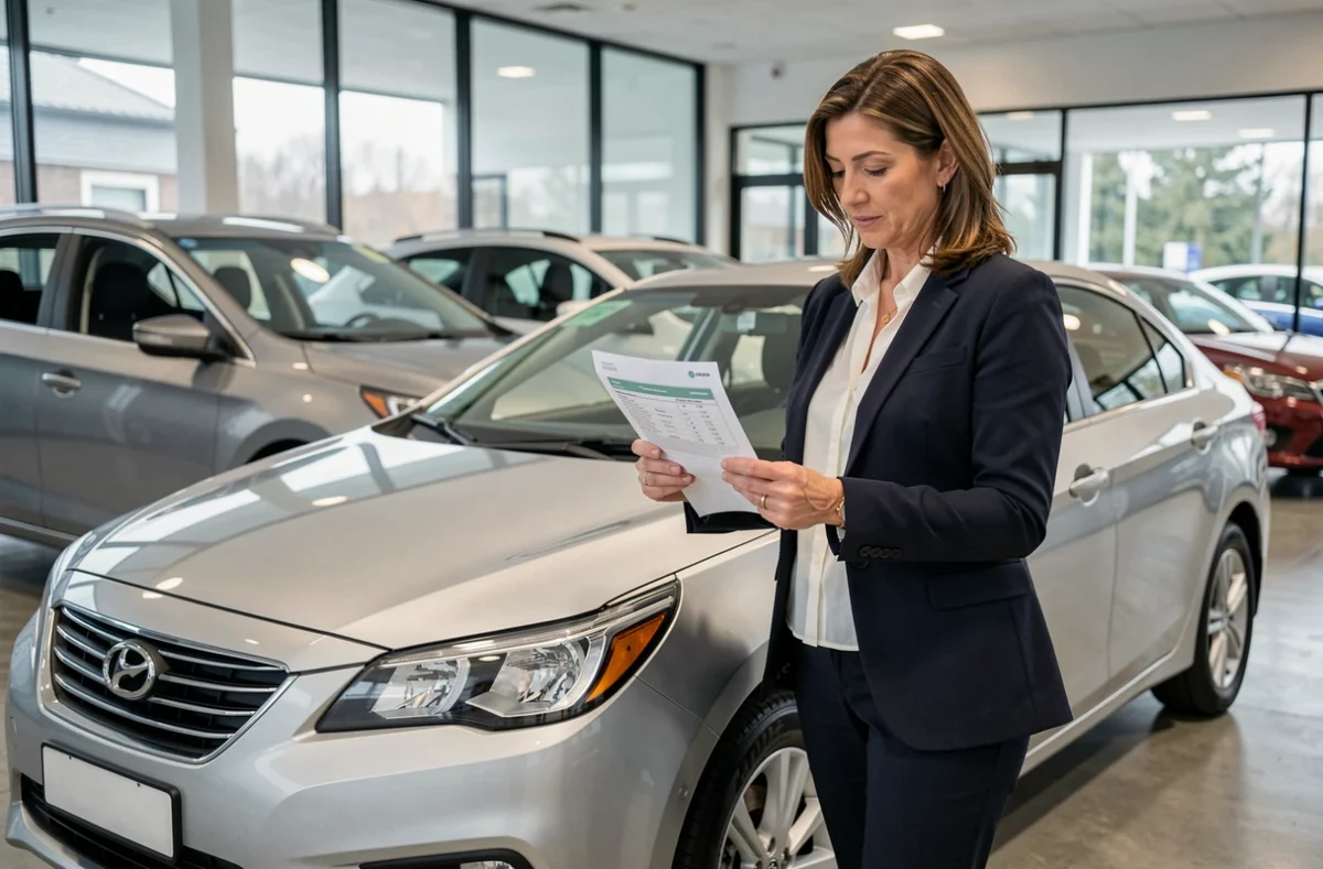 Femme examinant une offre de crédit pour achat voiture dans une concession automobile