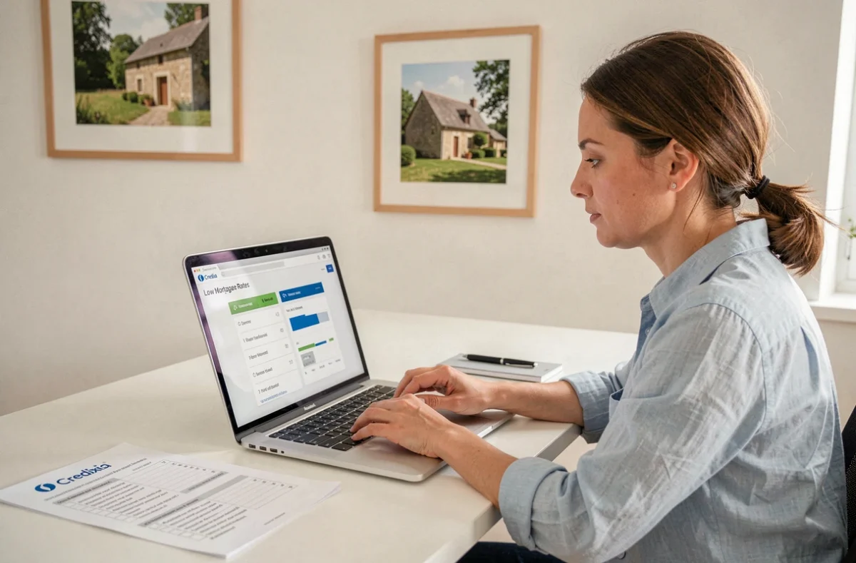 Femme consultant la plateforme en ligne Credixia pour comparer des taux bas de crédit immobilier en Corrèze