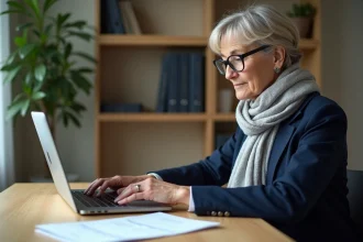Femme utilisant le site impots.gouv.fr sur un ordinateur portable depuis son bureau à domicile pour gérer sa déclaration fiscale