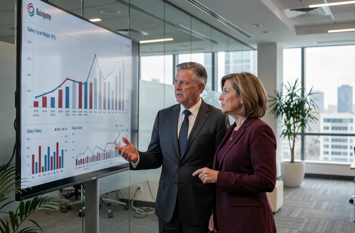 Deux dirigeants d'entreprise analysant des graphiques de comparaison de salaires sur un écran numérique dans un bureau exécutif moderne