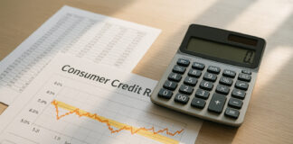 Analyse technique des taux d’intérêt en matière de crédit à la consommation Photo de documents financiers et calculatrice sur un bureau lumineux