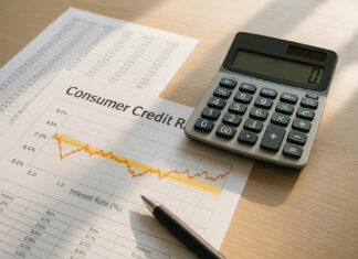 Analyse technique des taux d’intérêt en matière de crédit à la consommation Photo de documents financiers et calculatrice sur un bureau lumineux