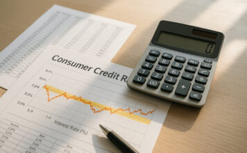 Analyse technique des taux d’intérêt en matière de crédit à la consommation Photo de documents financiers et calculatrice sur un bureau lumineux