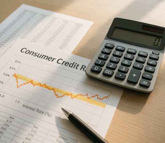 Analyse technique des taux d’intérêt en matière de crédit à la consommation Photo de documents financiers et calculatrice sur un bureau lumineux