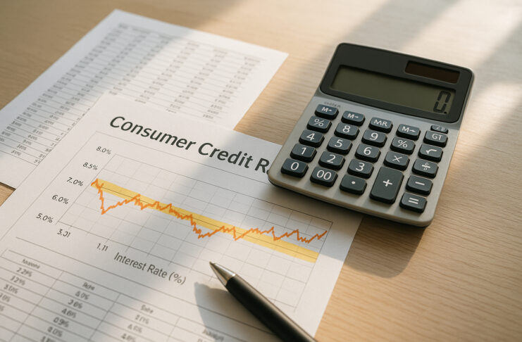 Analyse technique des taux d’intérêt en matière de crédit à la consommation Photo de documents financiers et calculatrice sur un bureau lumineux