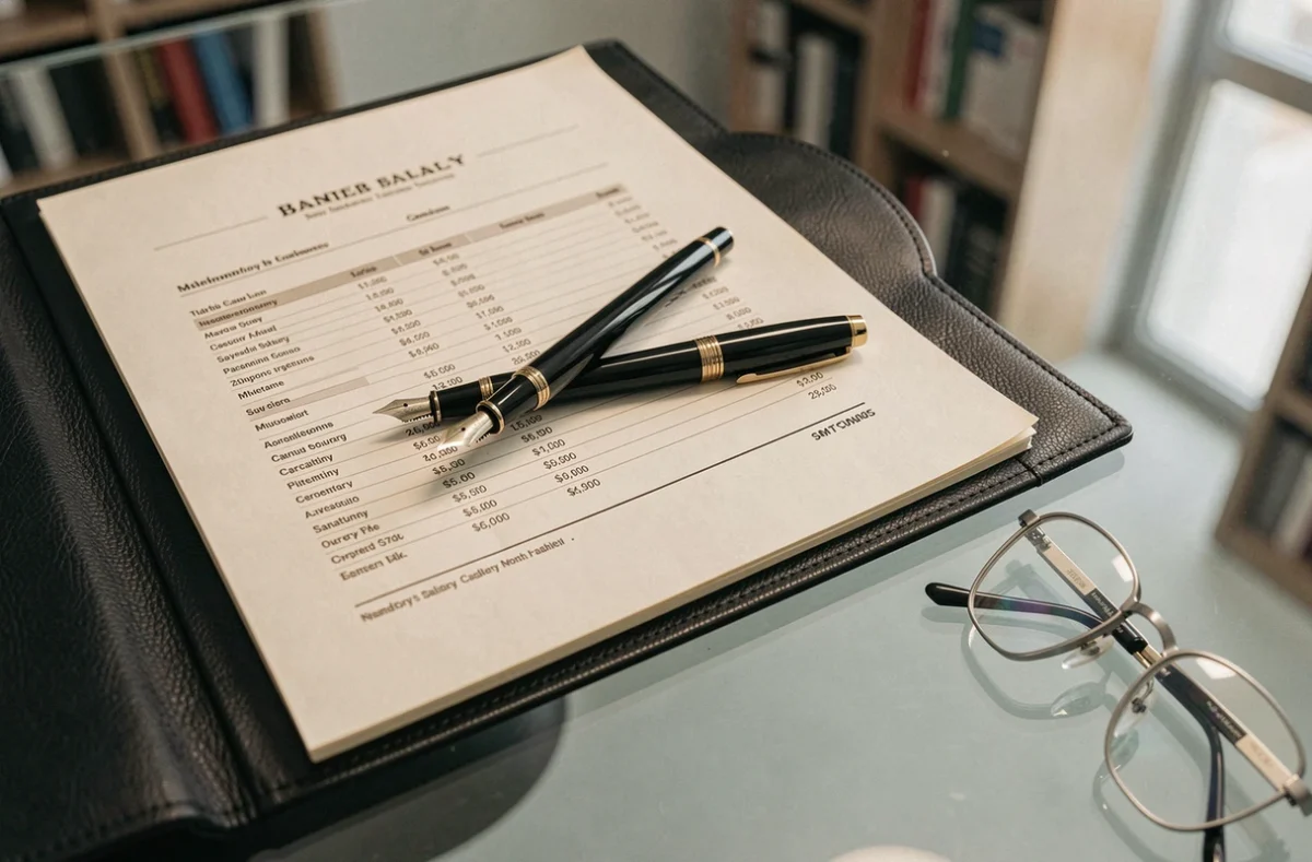 Dossier en cuir ouvert avec des graphiques de salaires et un stylo Mont Blanc sur un bureau en verre, symbolisant les rémunérations des grands patrons français