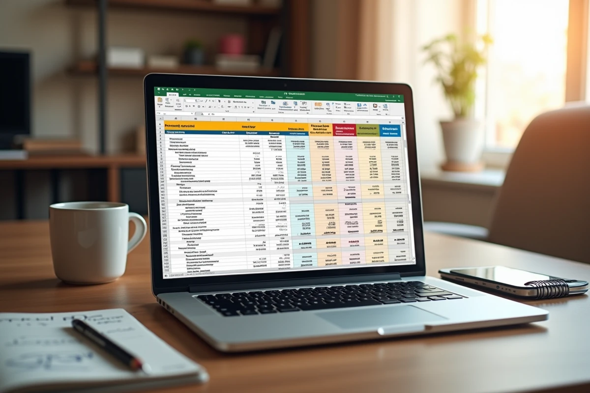 Écran d'ordinateur affichant un modèle Excel de plan comptable détaillé sur un bureau de télétravail