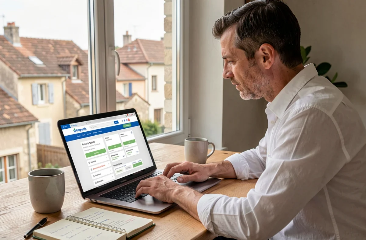 Homme utilisant la plateforme Empruntis pour comparer des offres de crédit immobilier en ligne depuis Brive-la-Gaillarde