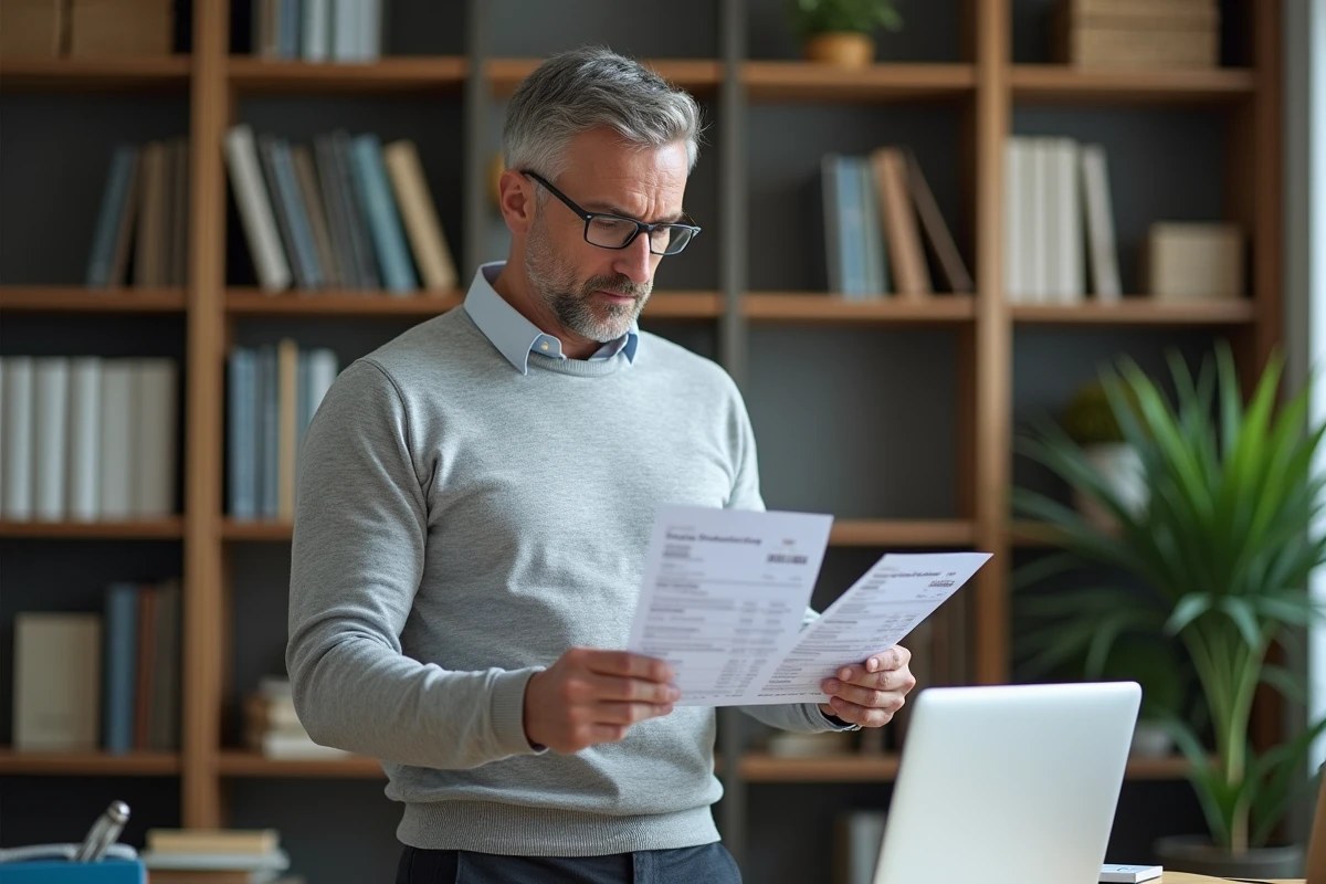 Enseignant comparant deux fiches de paie successives dans son bureau à domicile