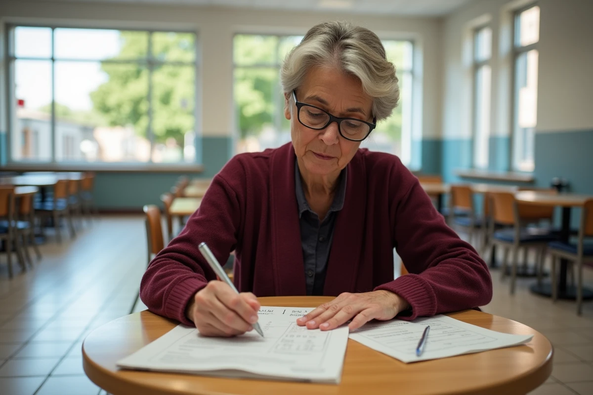 Enseignante annotant sa fiche de paie avec un guide syndical dans la cafétéria de son école