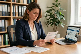 Enseignante consultant ses bulletins de salaire lors d'un changement d'académie dans un bureau à domicile