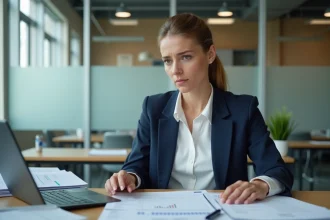 Femme entrepreneur en blazer marine analysant des documents bancaires sur son bureau pour une société en création