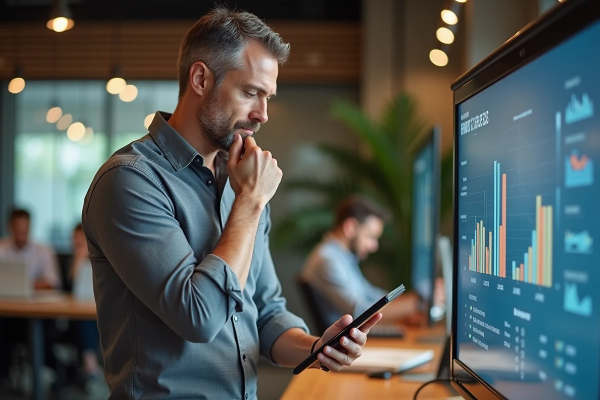 Entrepreneur utilisant une tablette tactile pour consulter une analyse comparative de plateformes fintech dans un espace de coworking