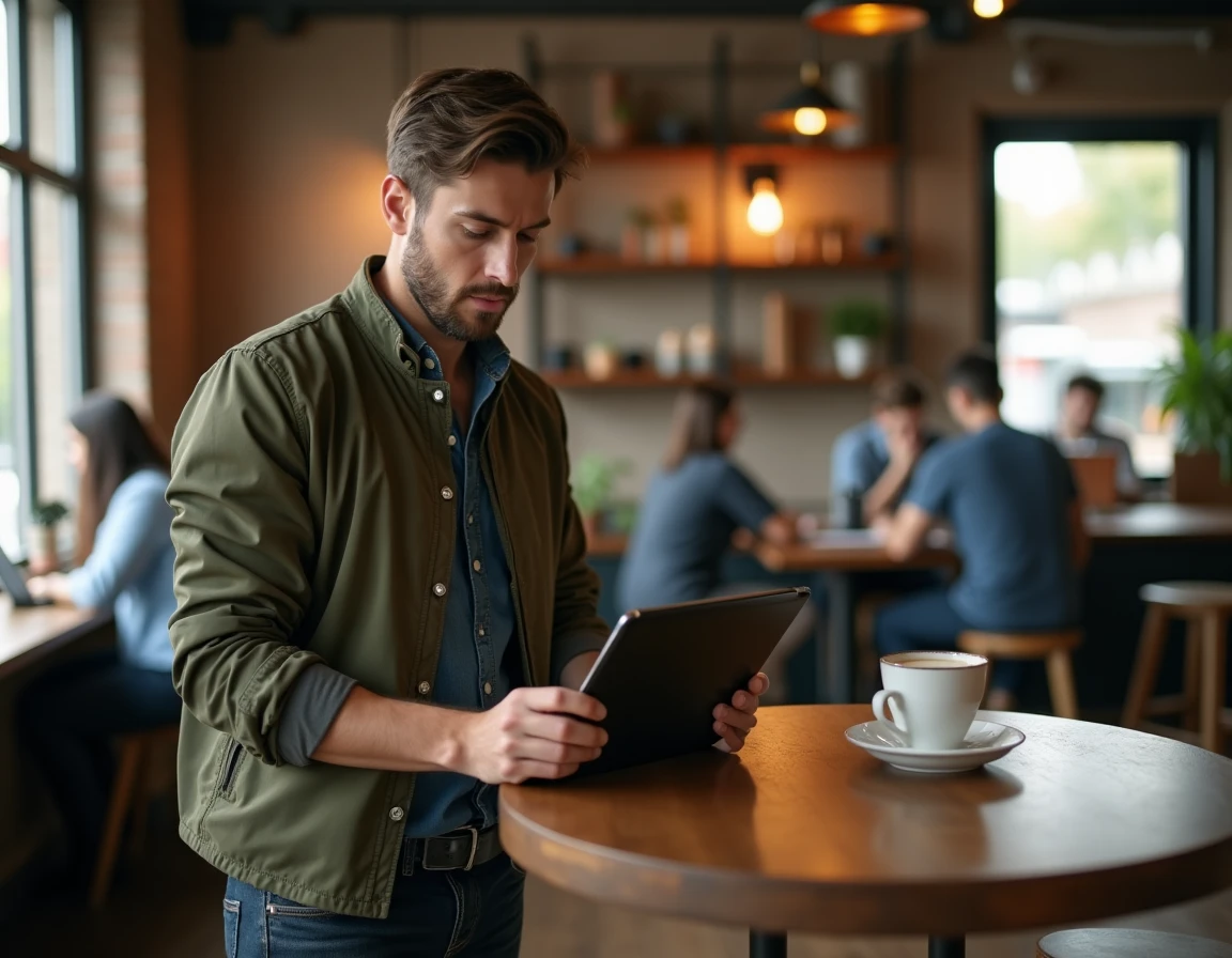 Entrepreneur consultant une liste de vérification bancaire sur tablette dans un espace de coworking