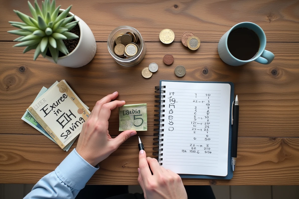 Pièces et billets en euros posés sur une table avec un carnet de calculs d'épargne livret A
