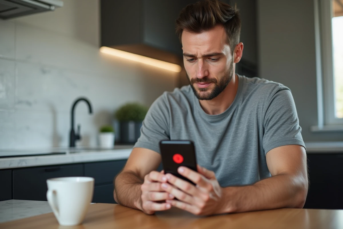 Homme consultant son smartphone avec un message d'erreur de connexion sur l'application bancaire LCL
