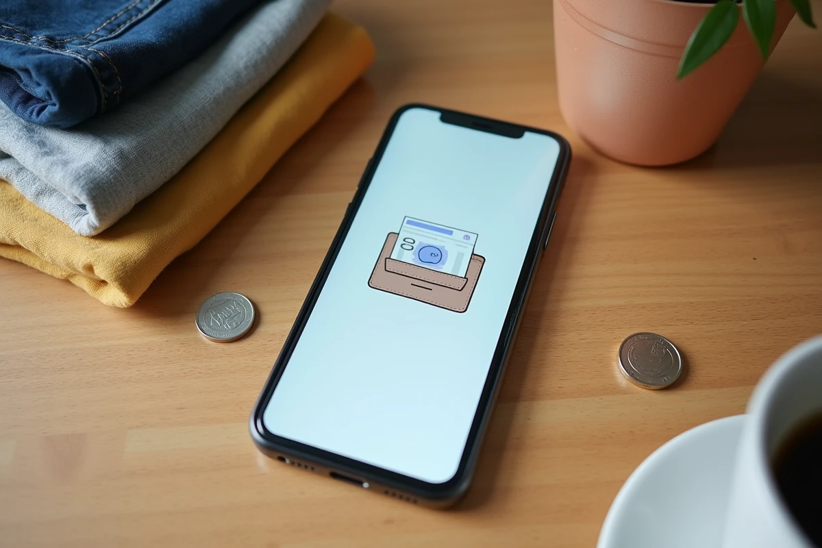 Vue aérienne d'un smartphone affichant une erreur de porte-monnaie Mangopay posé sur une table avec des vêtements à vendre et des pièces d'euro