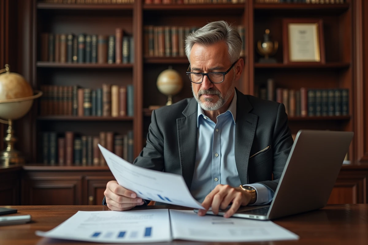 Conseiller financier analysant des documents d'estimation de fortune et de patrimoine dans un bureau privé raffiné