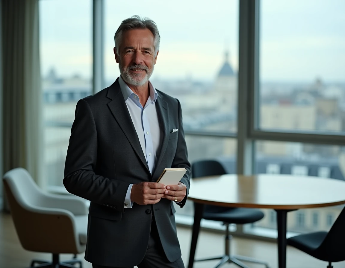 Expert économique posant devant une fenêtre avec vue sur Paris dans un cadre institutionnel contemporain