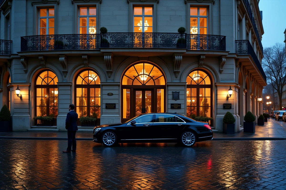 Façade haussmannienne parisienne au crépuscule avec berline de luxe et silhouette en costume, évoquant la discrétion et la fortune dans le contexte des zones d'ombre autour de Nasser Al-Khelaïfi